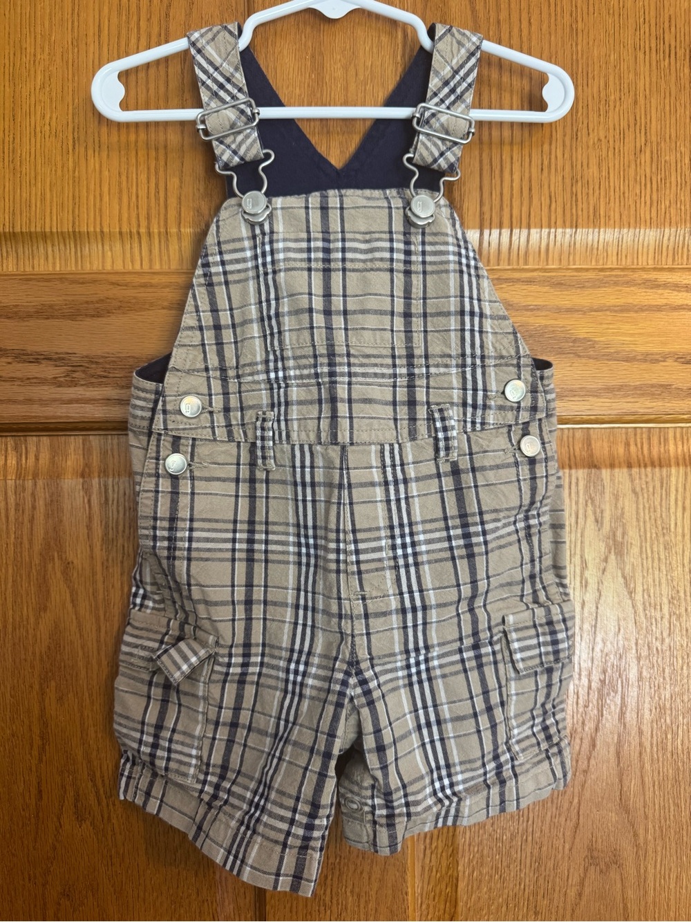 Gymboree 12-18M Plaid Cargo Shortalls Overalls Tan Navy Adjustable